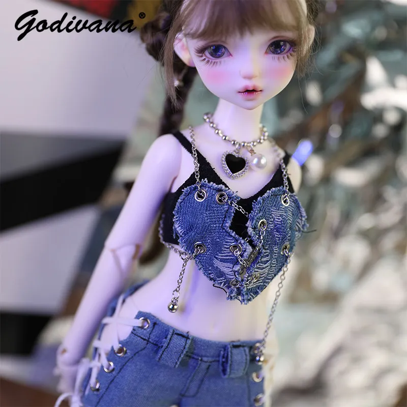 1/4 BJD Y2K Subculture Denim Outfit Set Ripped Denim Crop Tops and Lace-Up Flare Jeans Sweet Hot Girl Streetwear Doll Clothes