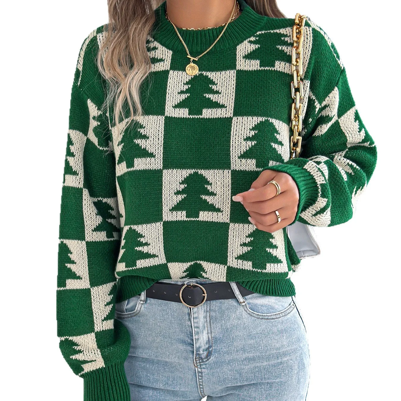 

2025 Autumn Winter Women's Sweater Tops Sweaters Women Female Christmas Tree Checkered Lantern Long Sleeve Pullover Sweater