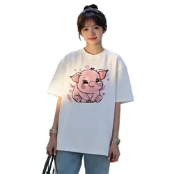 Adorable Pink Pig Plush Embroidery Short Sleeve Women's T-Shirt Teen Girls Cute Plush Flocking Kawaii Tee Shirt Preppy Clothes