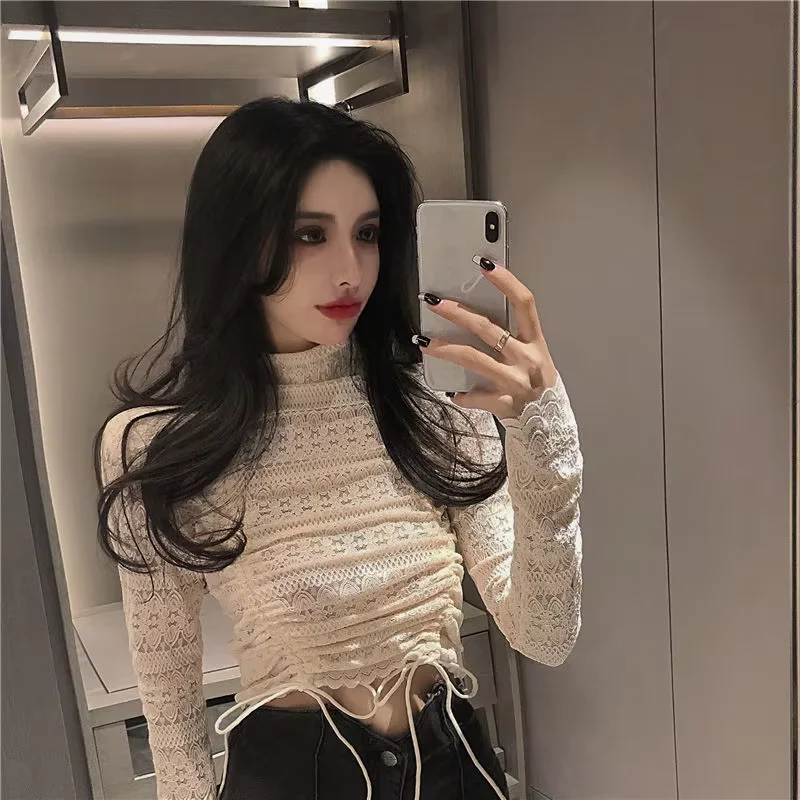 Y2k blusa de renda de gola alta feminina 2025 outono nova manga longa base curta topos temperamento versátil rendas até camisa fina