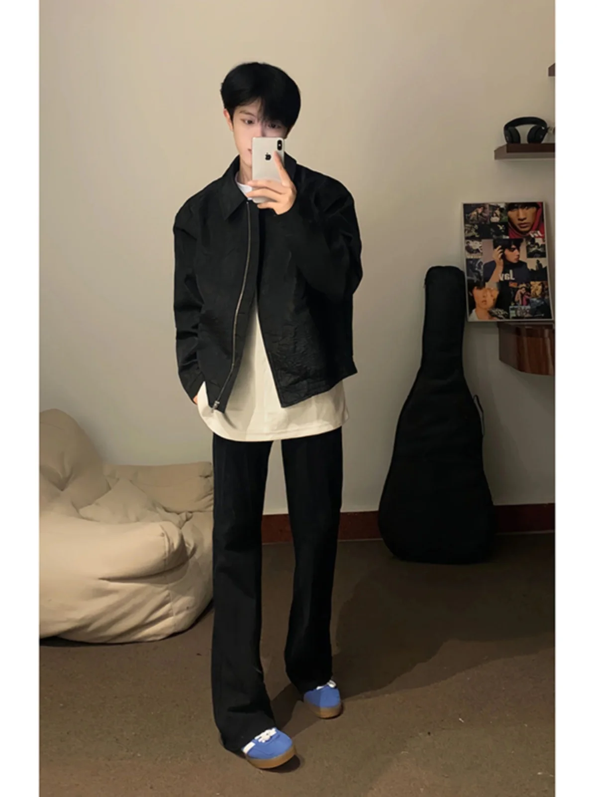 

Cleanfit Men's High Street American Vibe Pure Bla Straight Leg Pants Extended Length Casual Trousers Faionable Autumn Wear