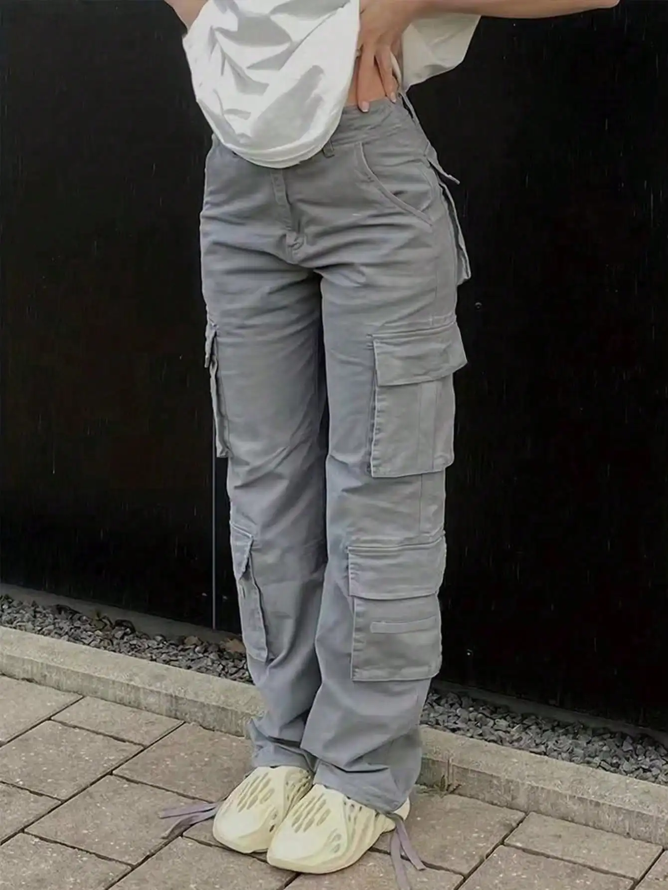 

Christmas Gift Women's High-Waisted Solid Color Side Cargo Pants-Baggy Y2K Straight/Wide Leg with Pockets for Casual Streetwear