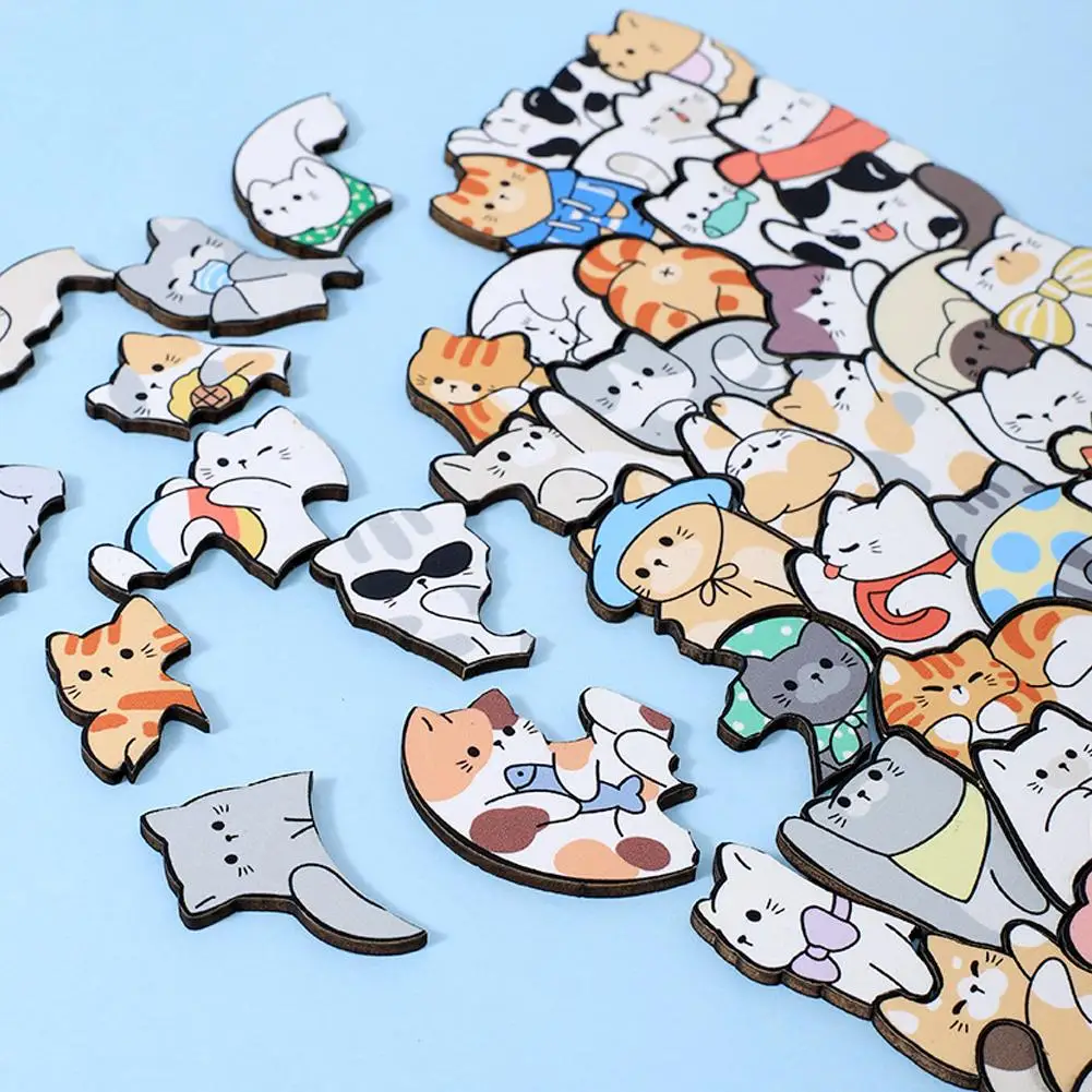 50pcs Animal Cats Dogs Wooden Puzzle Jigsaw Stacking Toys Wooden Puzzle Building Blocks For Kid Boys Girls Gifts