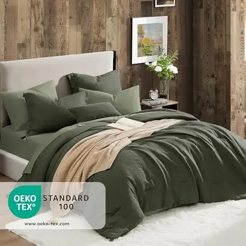 King Size Comforter Set- 7 Piece Dark Green Textured King Bedding Set, Soft Solid Bed in a Bag for All Season, King