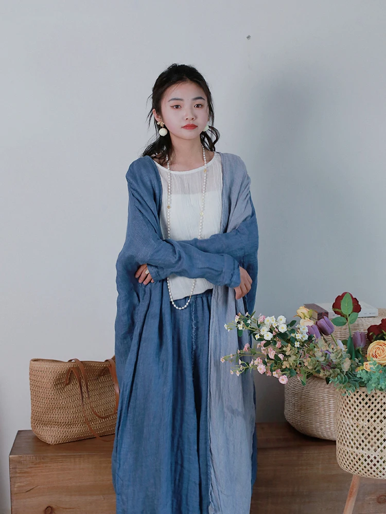 

Blue Linen Asymmetrical Hem Midi Skirt with Open Cardigan Outerwear Double Layer Set Artistic Women's Spring Summer New Arrival