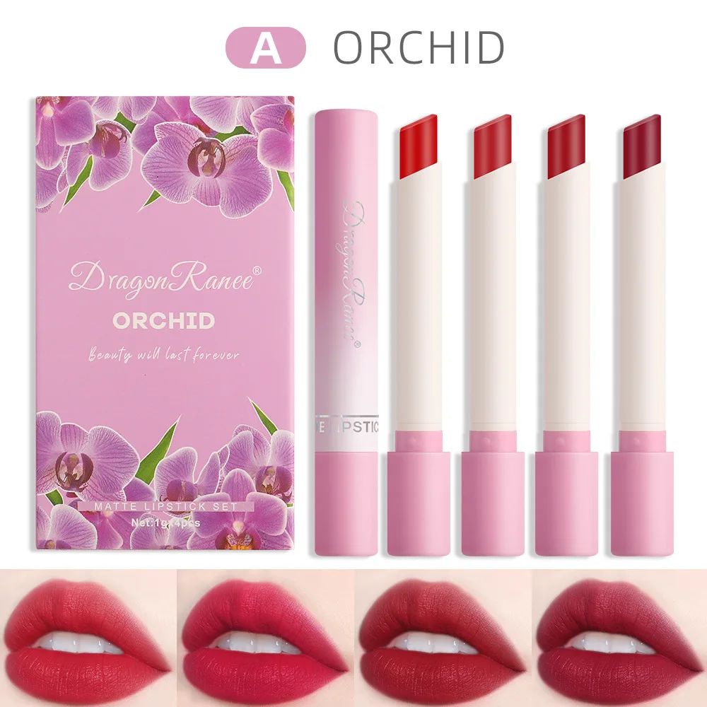 ชุดลิปสติกบุหรี่ Matte Matte Lipstick Eat Earth Pumpkin Dirty Orange Chili Red 4 Fresh Flowers Set