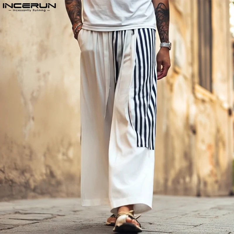 

INCERUN Fashion Men Pants Striped Elastic Waist Joggers Straight Trousers Men Streetwear 2025 Loose Wide Leg Long Pants S-5XL