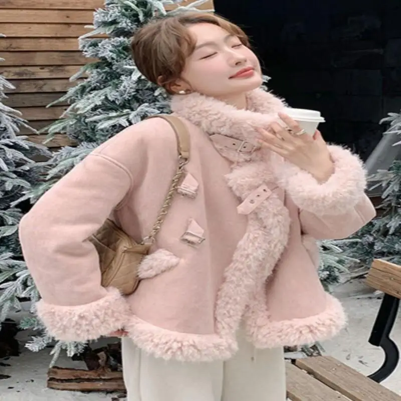 

Women's Autumn and Winter Cotton Padded Jacket Outdoor Daily Wear Sweet Big Lapel Coat Women Winter Design Thickened Lamb Wool