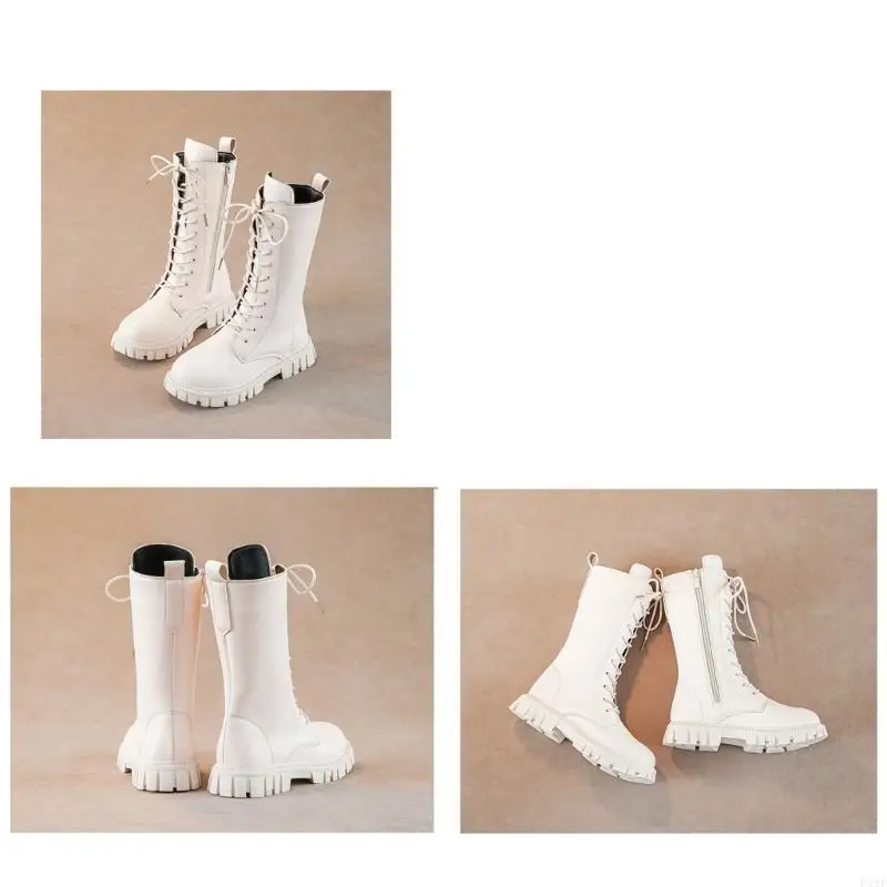 Galoches combat blanches à lacets pour filles avec fermeture éclair latérale, robe à pattes montantes/galoches scolaires –
