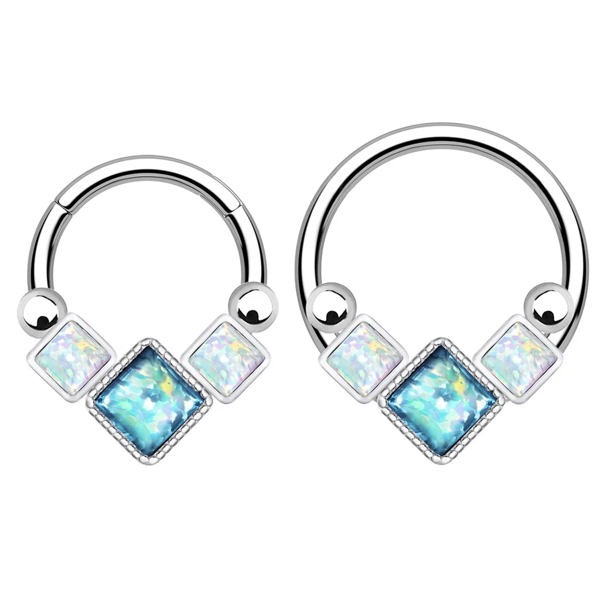 2-Piece 16g Square Opal Diaphragm Nose Ring 316l Surgical Steel Hinge Nose Ring Cartilage Earring Spiral Piercing Jewelry