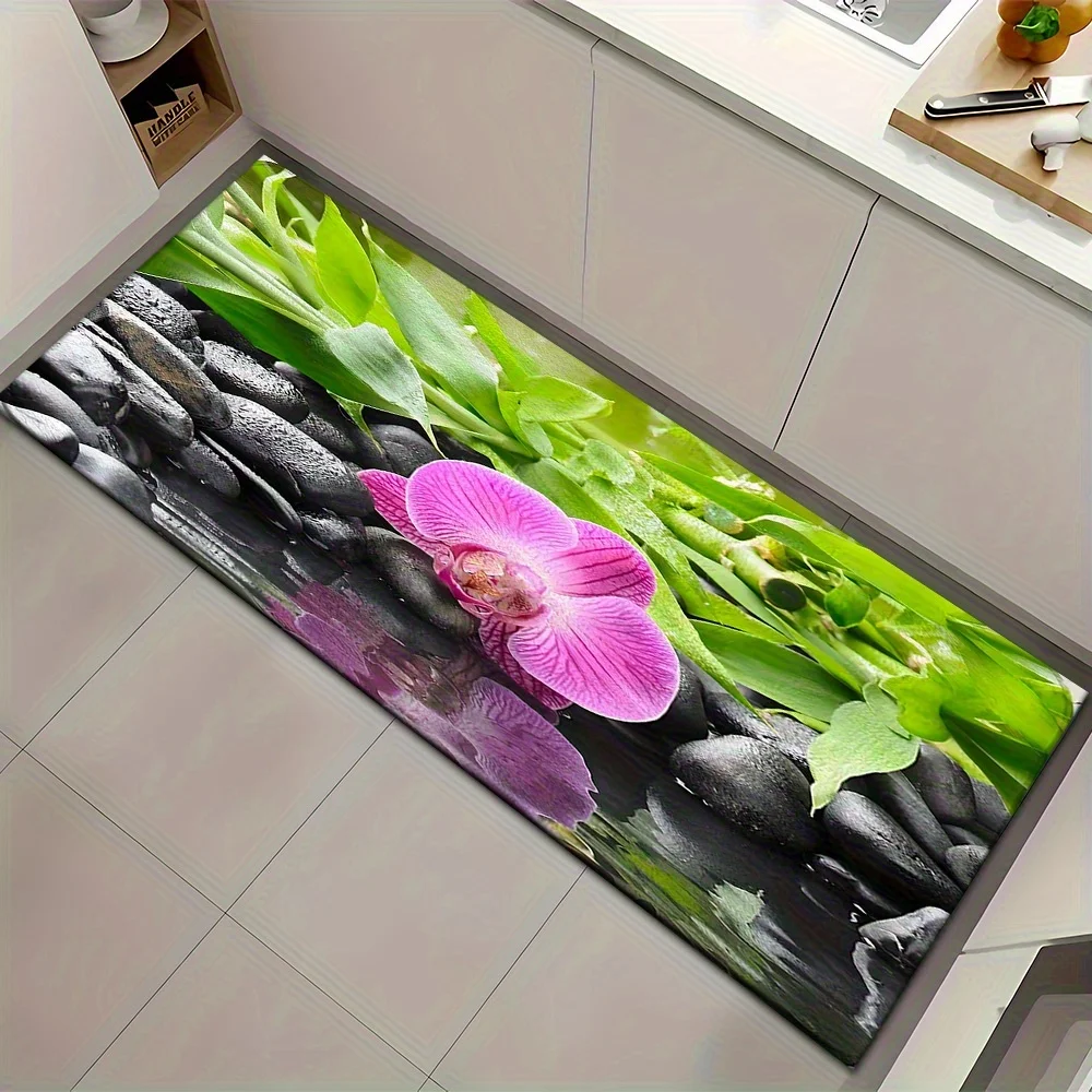 Zen Orchid & Black Stones Lange Küchenmatte, rutschfester, waschbarer, langlebiger Läufer für Küche, Badezimmer, Waschküche, Dekoration