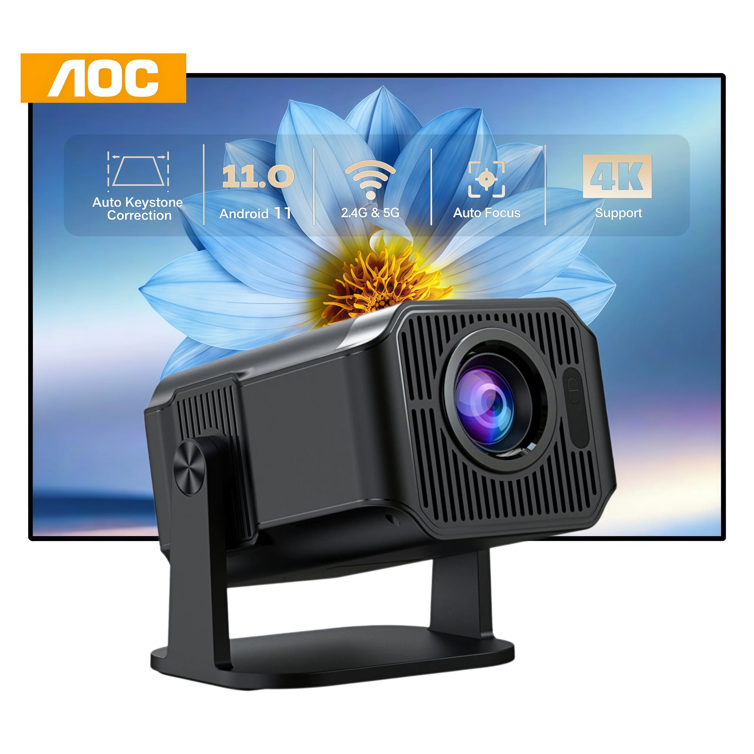 AOC HA108 Android 11 Smart-Projektor, native 720p, 4K, 250 ANSI-Lumen, Autofokus, 4-Punkt-Trapezkorrektur, Dual-Band Wi-Fi 6, Bluetooth 5.4, 1 GB RAM, 8 GB ROM, tragbarer Heimkino-Projektor.
