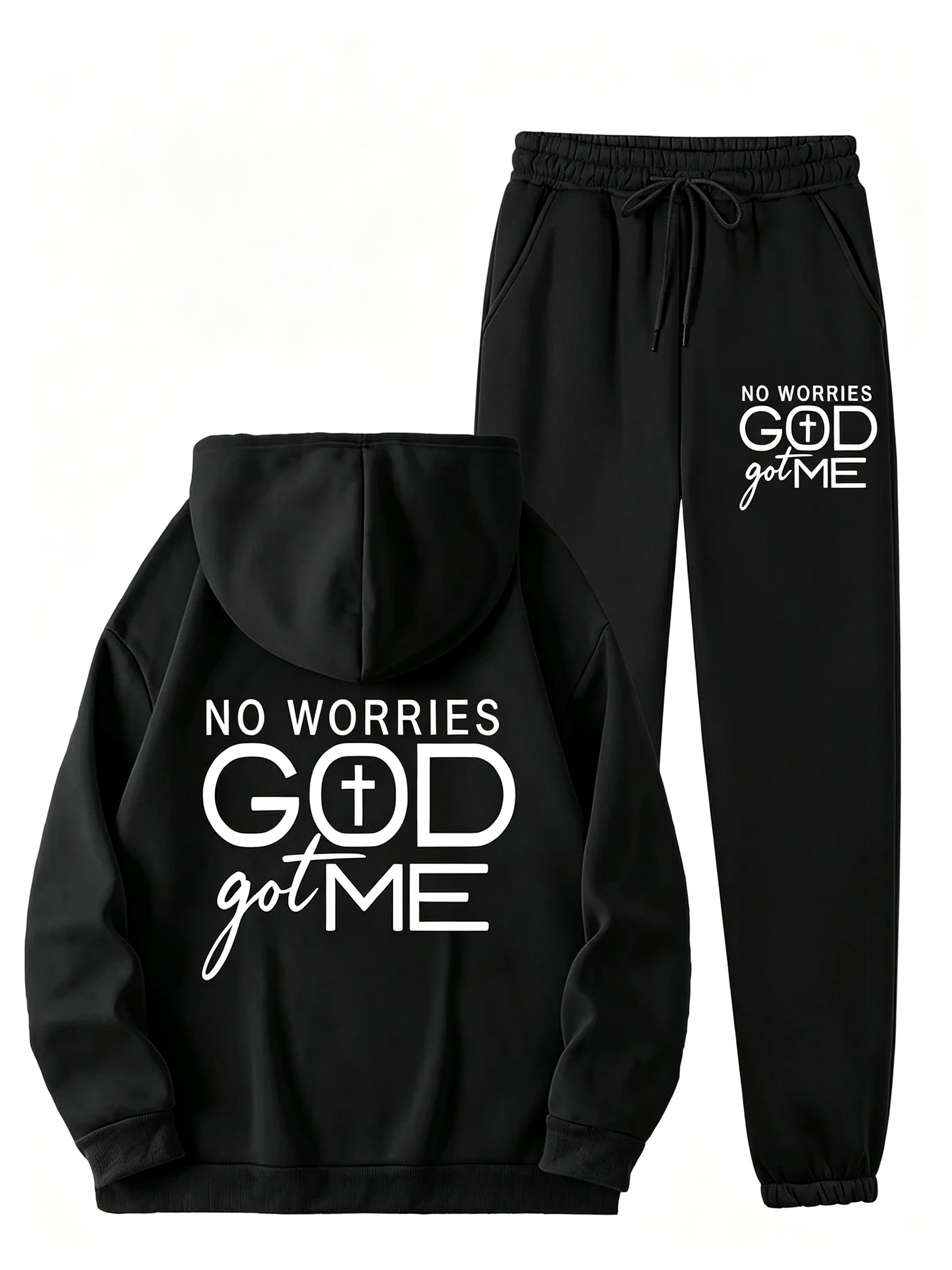 God saved me. Gender-neutral letter-printed hooded pullover hoodie, two-piece set, casual hooded sweater, sports outfit