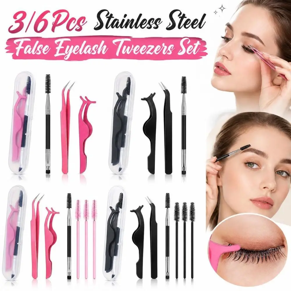 3/6Pcs Stainless Steel Slanted Tweezers Set Pointed Tip Box Included Eyebrow Eyelash Brush Dual-head applicator Portable