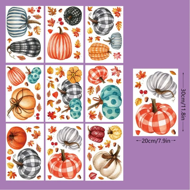 9 Sheets Fall Window Clings 98PCS Thanksgiving Static Stickers Pumpkin Maple Leaf Double Sided PVC 20x30cm Autumn Party Decor