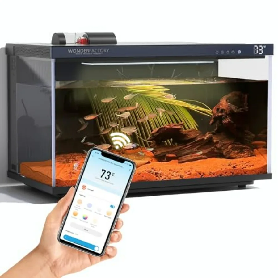 

Smart Aquarium 5 Gallon Glass Fish Tank, Self Cleaning System Efficiency Filter 7 Color LED Lights Automatic Feeder Temperature