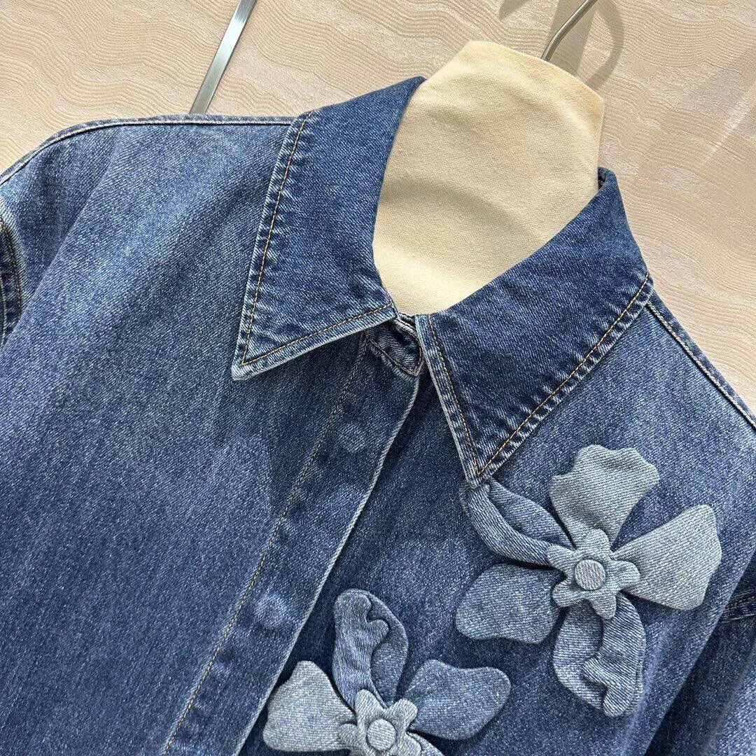 Luxury Design 3D Floral Patchwork Blue Denim Long Shirt Women Lapel Long Sleeve Single Breasted Loose Vintage Streetwear T-shirt