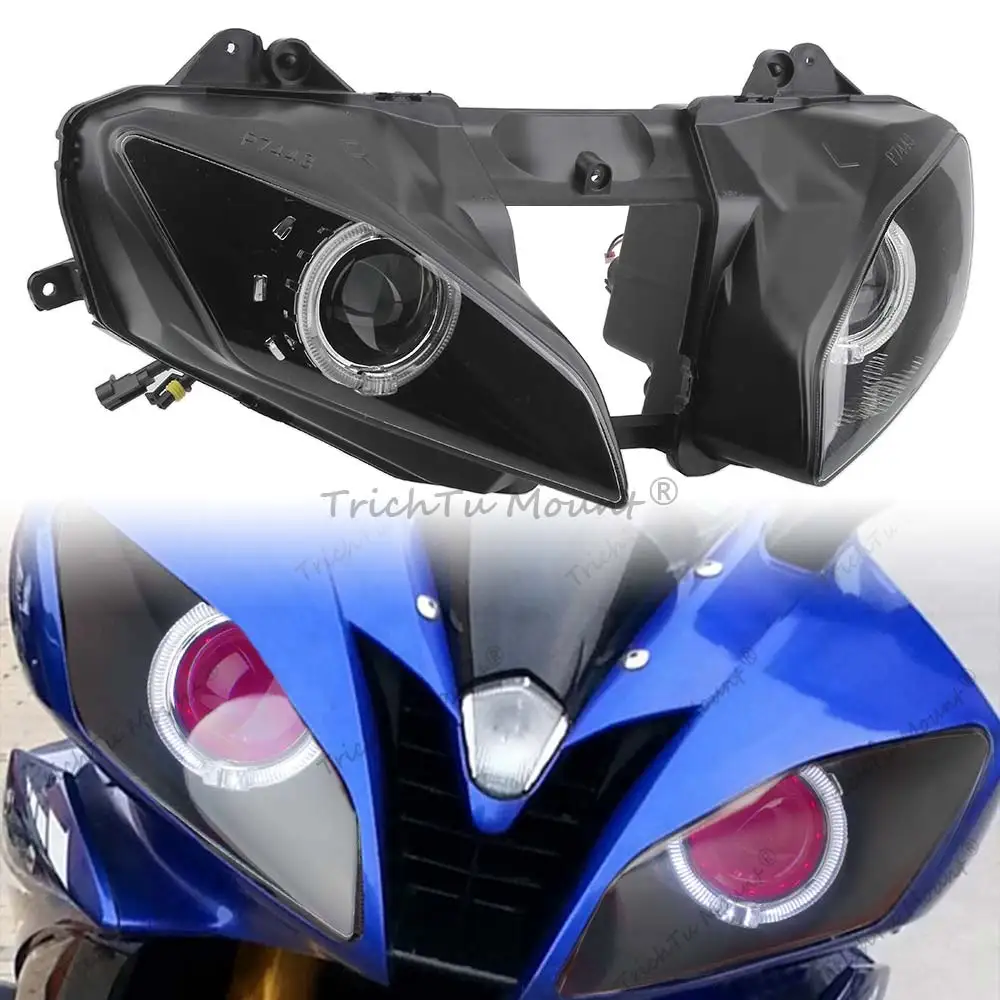 Headlight Assembly Hid White Angel Eyes Motorcycle Fully Assembled Headlamp For Yamaha Yzf-R6 2008-2012 Black Housing Clear Lens