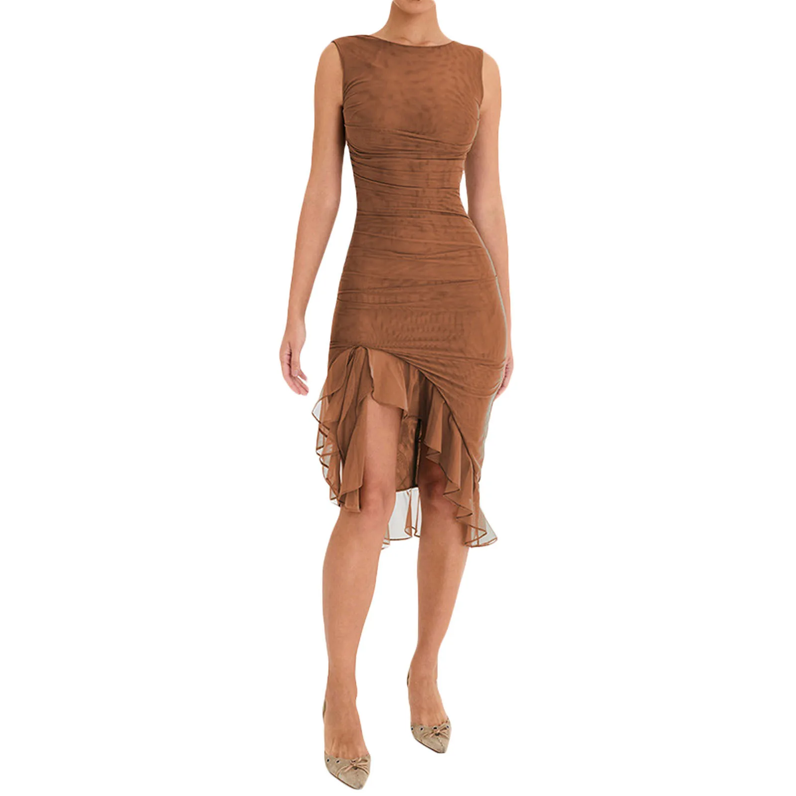 2025 Mini abito estivo da donna elegante da ballo Moda tinta unita girocollo senza maniche Abito sexy con orlo irregolare con volant senza schienale