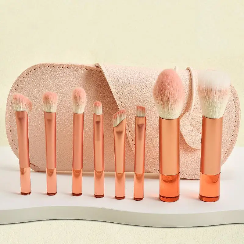 New 8 mini makeup brush set with clear crystal handle for easy travel and beginners powder painting