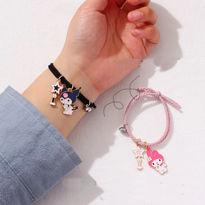 1 Pair Sanrio Bracelet Magnetic Small Rubber Band Couple Kuromi Melody Cute Cartoon Aluminum Alloy Pendant Accessories Girl Gift