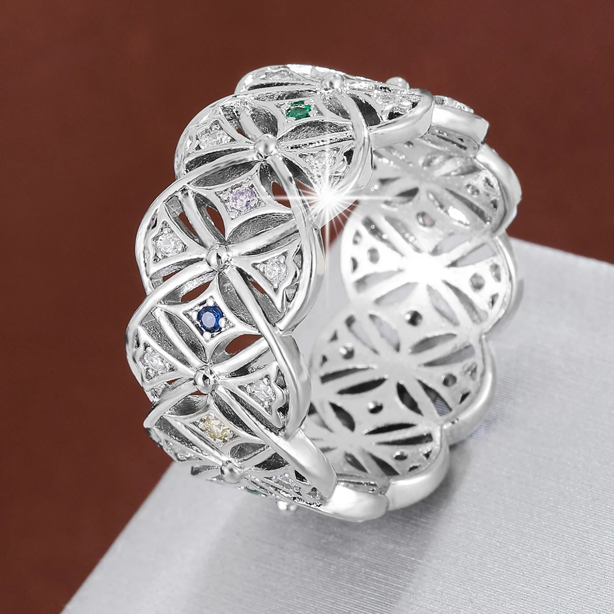 Ornate Geometric Hollow Women's Ring with Sparkling CZ