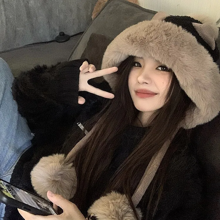 

Зимняя универсальная милая плюшевая шапка с ушками для женщин, толстая шапка Lei Feng с защитой ушей, теплая, мягкая и удобная шапка Baotou