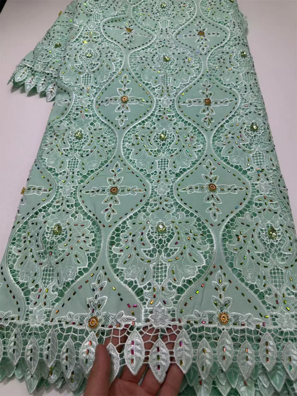 

Африканская нигерийская зеленая хлопковая вышивка из органзы, кружевная ткань, шифоновое кружево, свадебное платье, высокое качество, 5 ярдов, 2025 H146-1