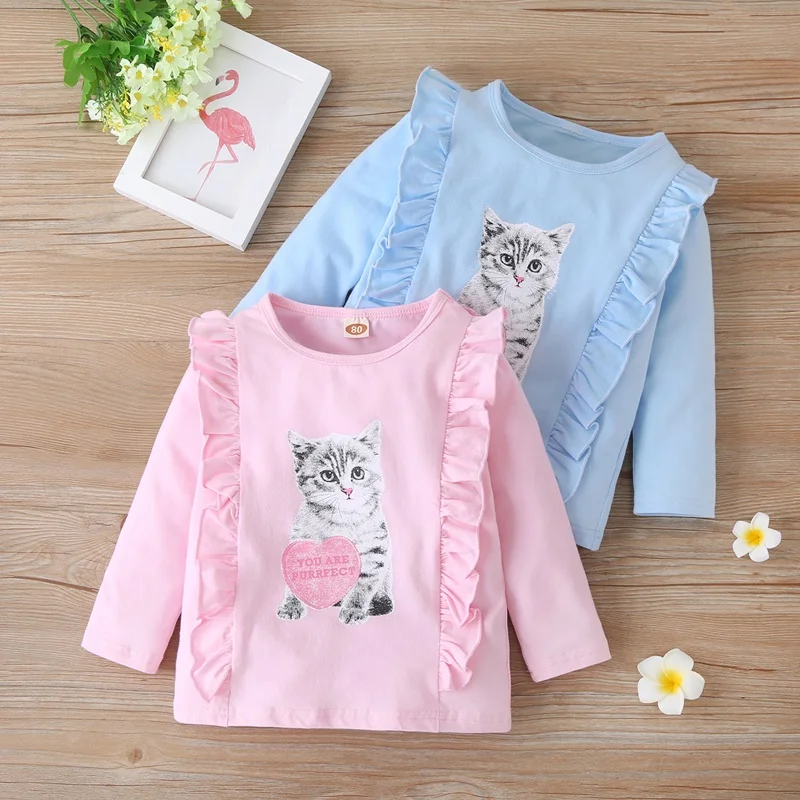 New Fashion Toddler Girl Fall Clothes Cotton Lovely Animal Cat Pattern Ruffles Long Sleeve T-shirt Tops Baby Girl Clothes 1-5Y