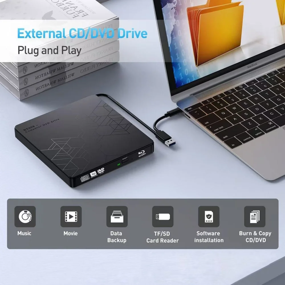 Unidade Blu-ray externa 5 em 1, unidades ópticas portáteis BD-RW BD DVD CD Burner Player Leitor para laptop PC Windows 11/10 Mac