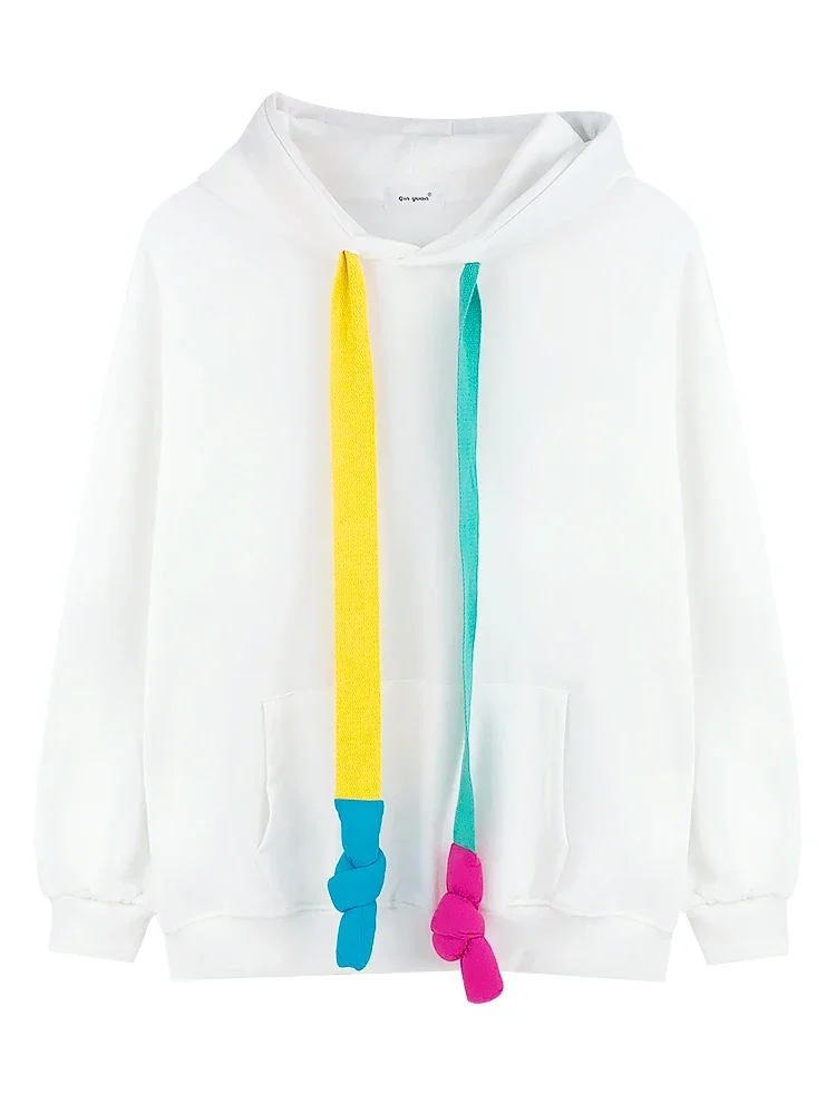 Abrigo con capucha de cinta de Color de estilo coreano, sudadera holgada de ocio adelgazante de longitud media, Top con capucha, primavera y otoño