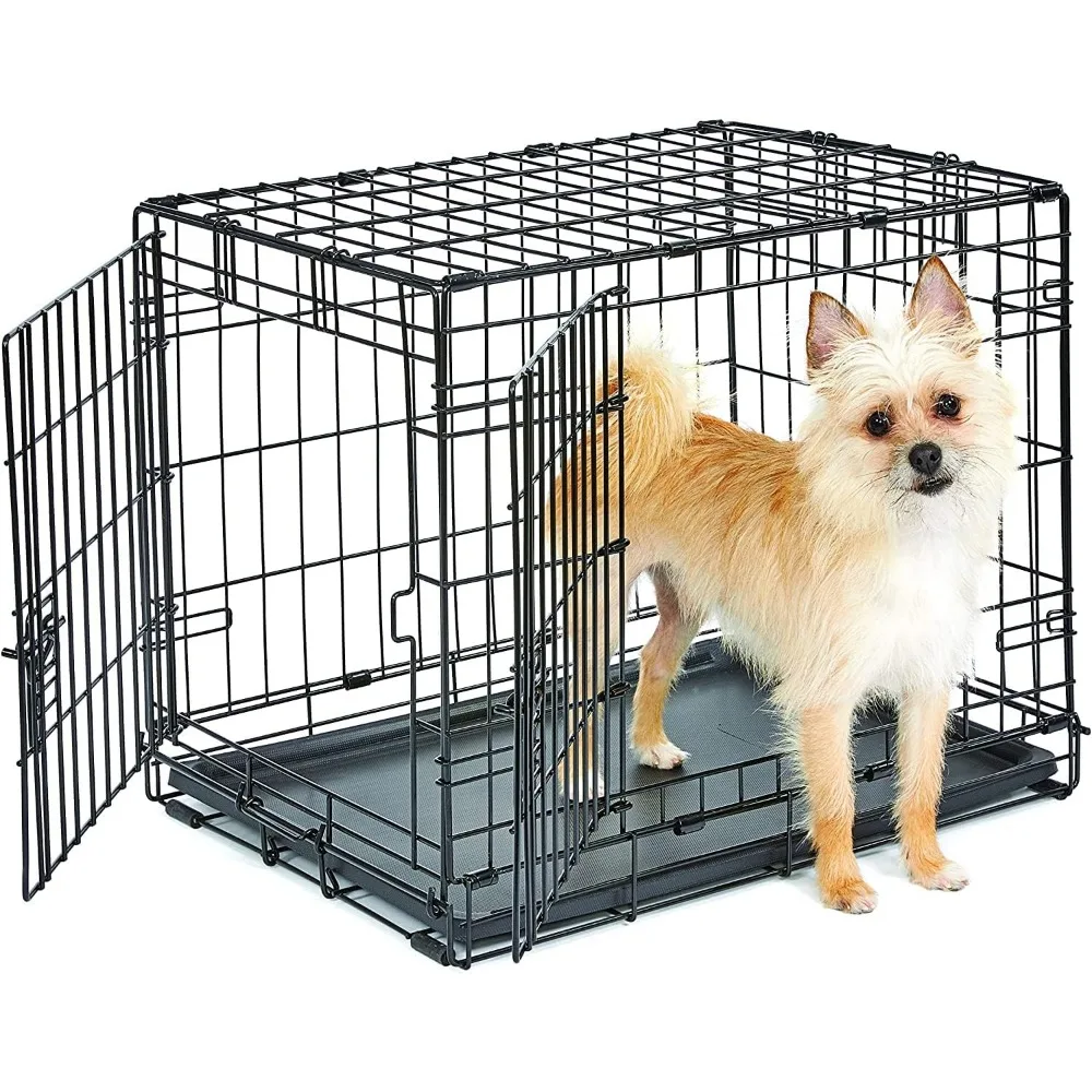 قفص معدني قابل للطي للكلاب، 24 بوصة، باب مزدوج، أمان معزز، قاعدة مانعة للتسرب، مقسم متضمن، مناسب للسلالات الصغيرة