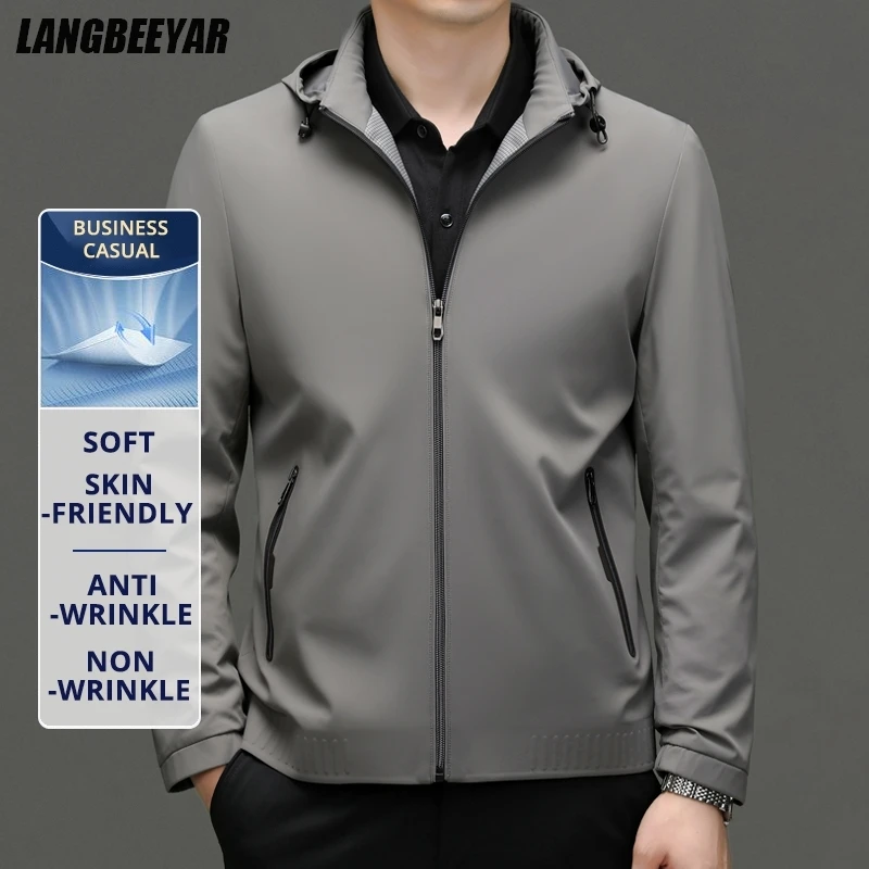 

High End Anti Wrinkle Business Executive Coats Mature Men Detachable Cap Casual Blazer Outdoor Jacket Windbreaker Middle Aged