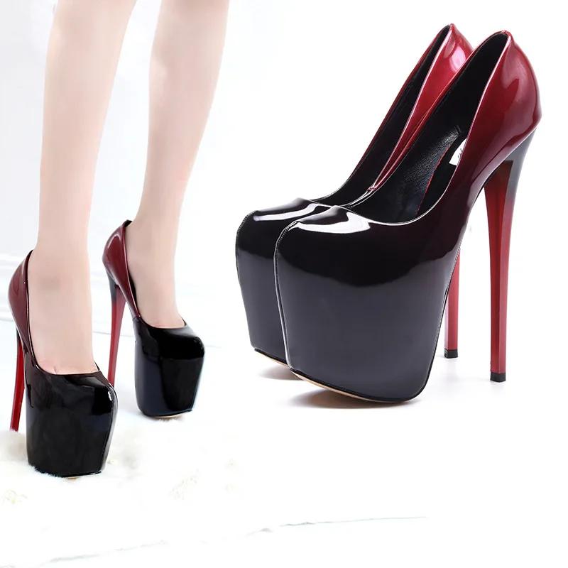 Stilettos Plus:34-50 Spring women's Patent Leather platform pumps 19cm thin high heels wedding shoes zapatos mujer