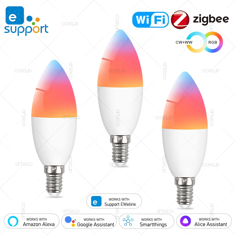 EWelink E14 Led Bulb WiFi Zigbee,Dimmable Candle Lamp 3000-6500k RGB,Works With Alexa Amazon Google Home Yandex Alice Smartthing