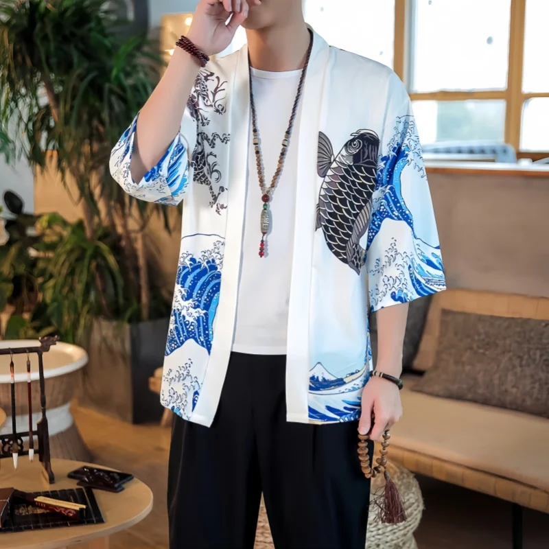 

Summer Men's Chinese Retro Cardigan Hanfu Ukiyoe Wave Carp Printed Kimono Thin Loose Taoist Robe Shirt Beach Sunscreen Clothes