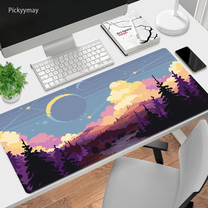 Pixel Scenery Art Large Size Mouse Pad Cute Natural Rubber PC Computer Gaming Mousepad Desk Mat Locking Edge For Office Kawaii