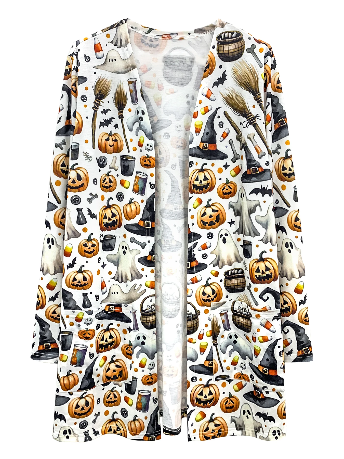 Halloween Pattern Open Front Cardigan, Casual Long Sleeve Dual Pockets Cardigan, Women\'s Clothing