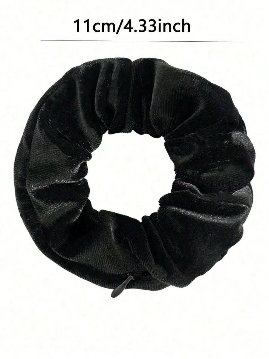 Velvet Scrunchie Hair Tie with Hidden Compartment Zippered Elastic Headband for Storing Keys Cash And Lipstick Stylish Hair Accessory - Detail 1