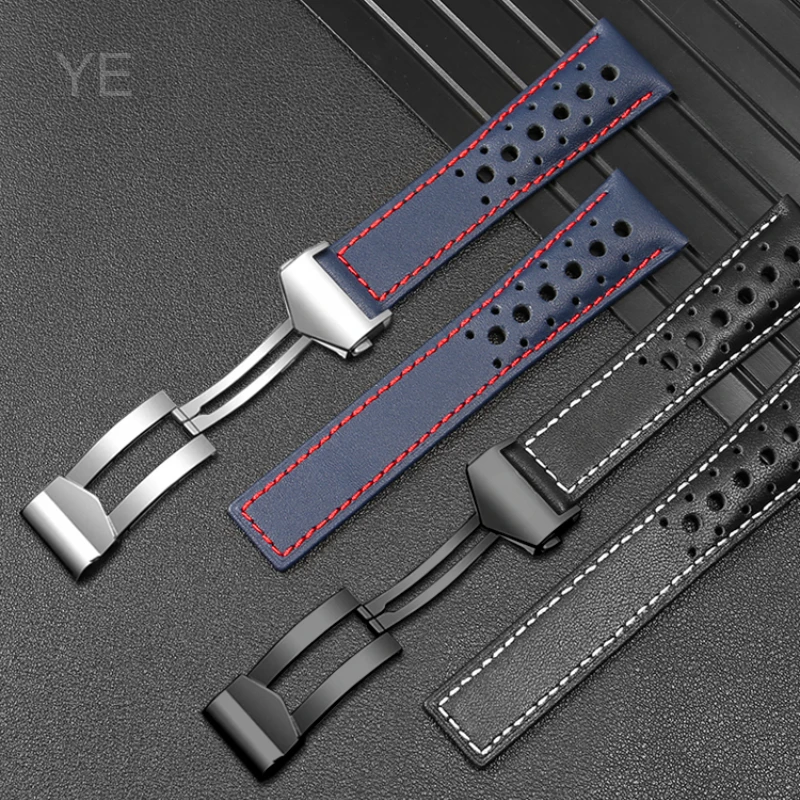 Grande buraco estilo respirável atualização pulseira de relógio para tag heuer carrera heritage monaco série macio genuíno couro pulseira 22mm