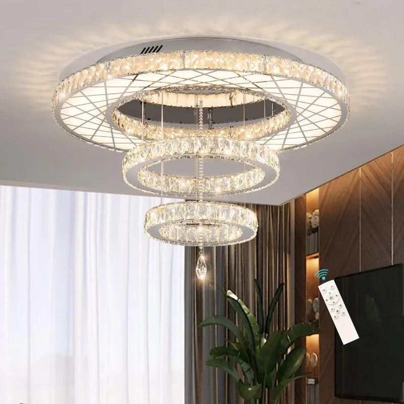 Modern LED Chandeliers for Bedroom Dining Room Crystal Flush Mounted Ceiling Lights Remote Dimmable Lighting Fixtures Rings