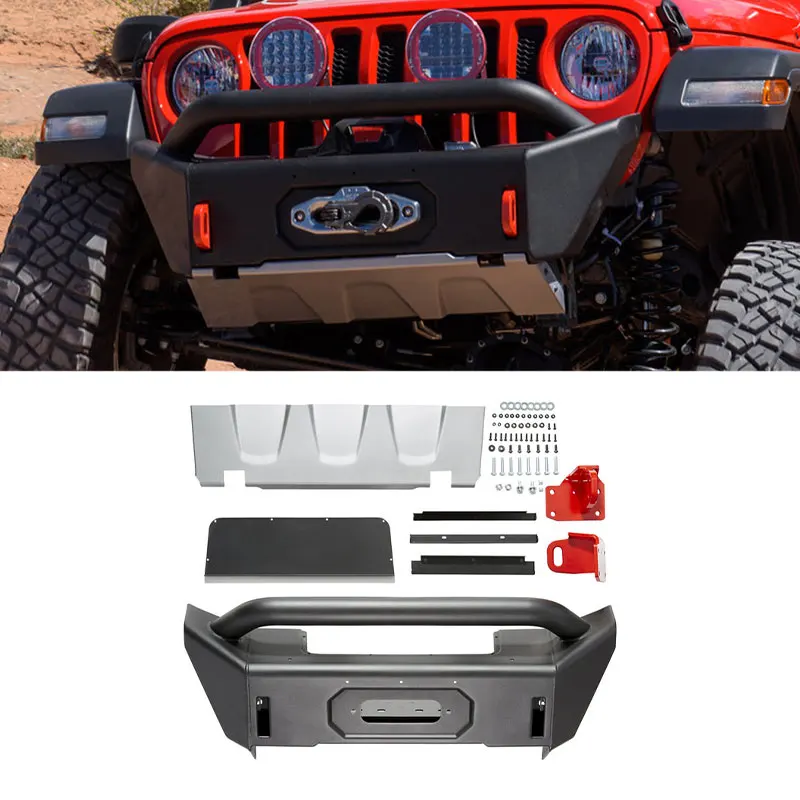 For 4x4 Accessories Steel Short Style Winch Mount Tubular Bull Bar Front Bumper With Skid Plate For Jeep Wrangler JK 07-17