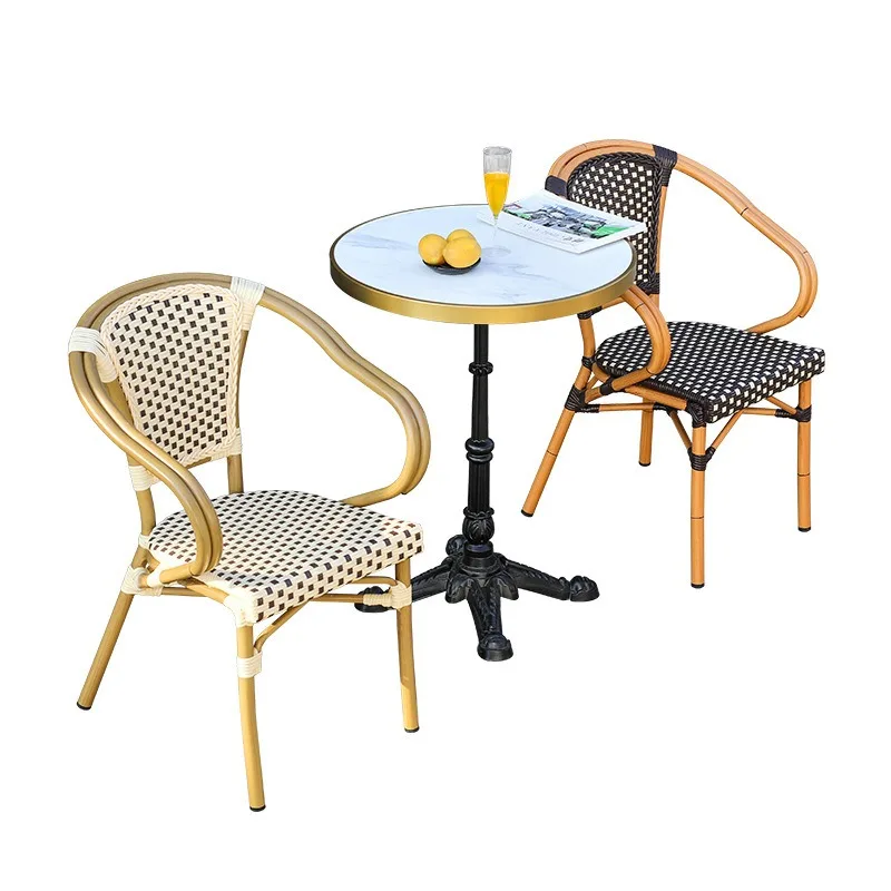 

French Western Restaurant Outdoor Cafe Color Single Rattan Chair Combination with Armrest Backrest Rattan Table and Chair