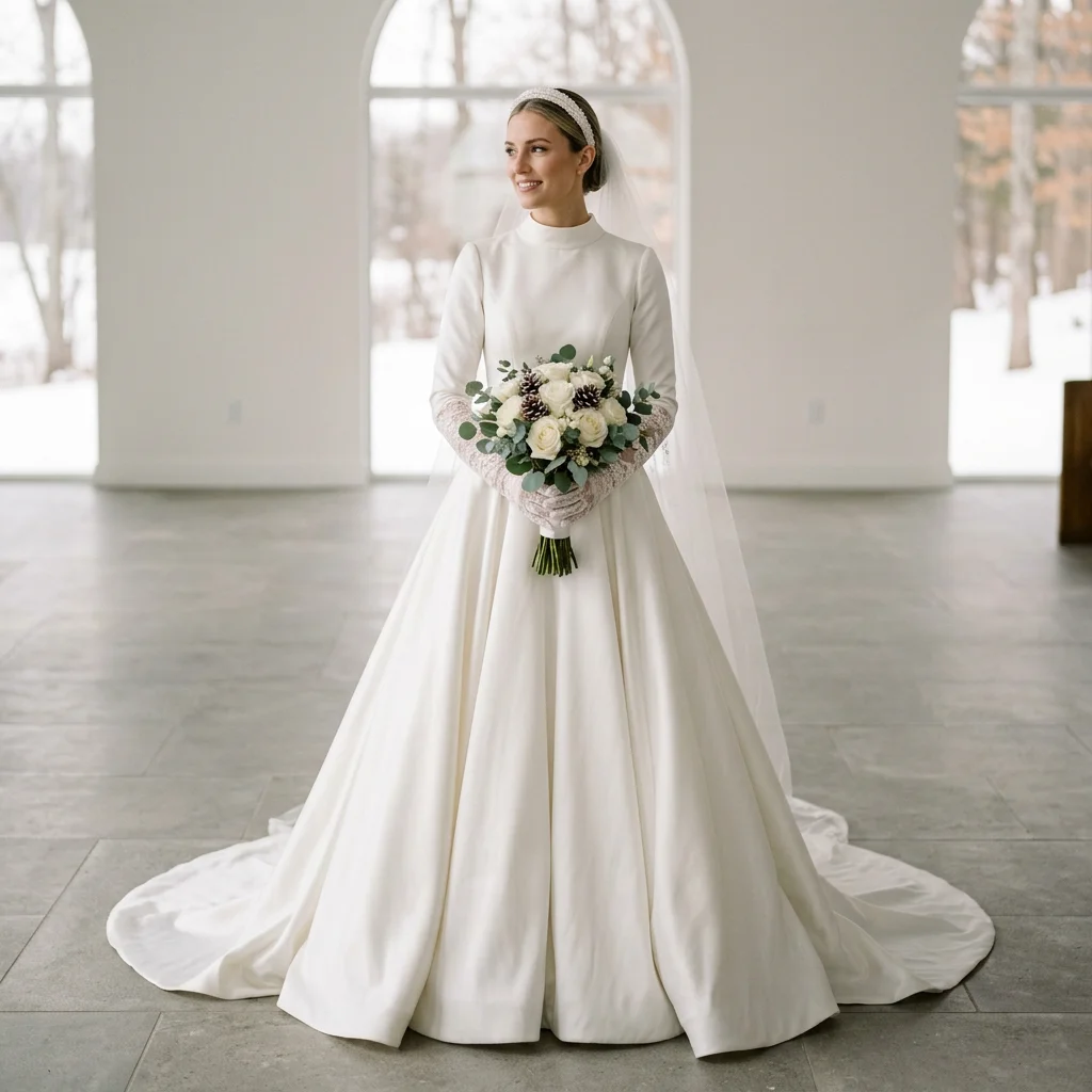 High Neck Long Sleeve Satin Ball Gown Wedding Dress Minimalist Modest Chapel Train Royal Bridal Gown
