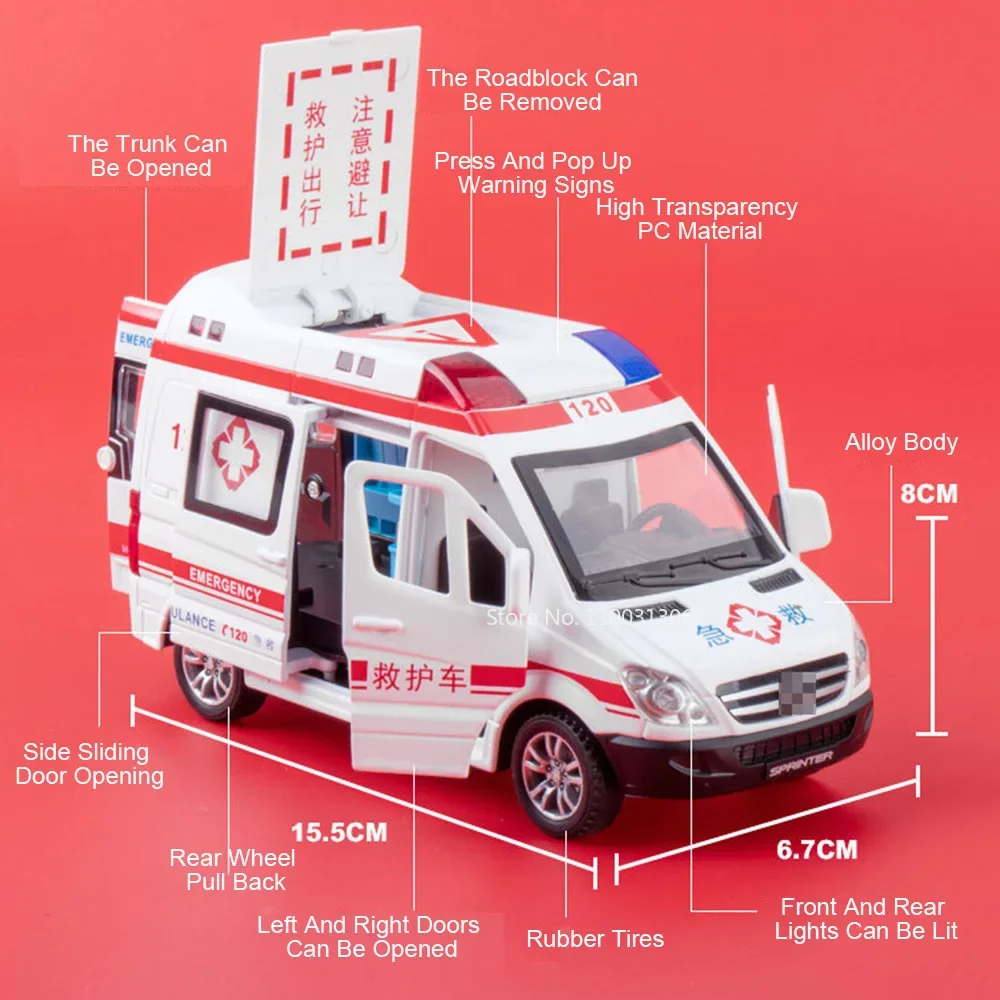 1:32 Scale Ambulance Cars Toy Miniature Models Metal Diecast Rubber Tires Wheel Pull Back Vehicles for Children Educational Toys