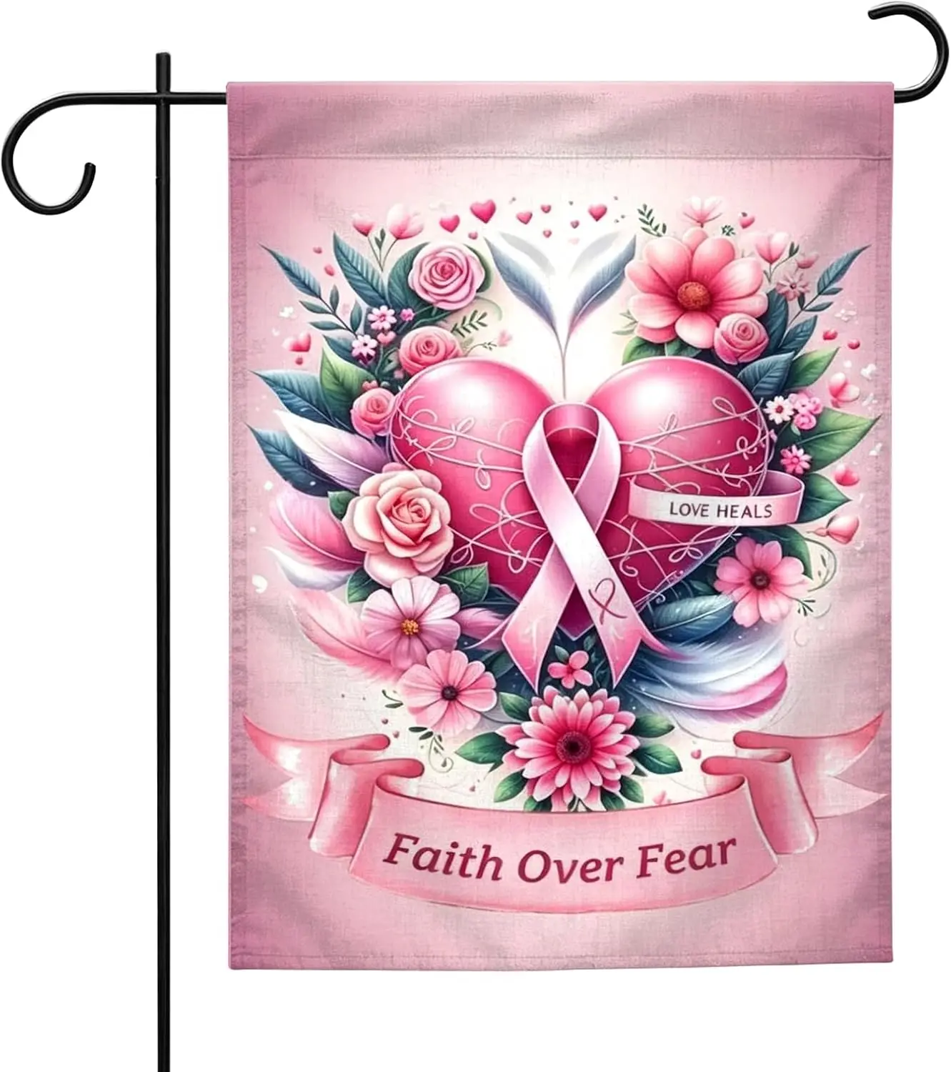 Breast Cancer Awareness Ribbon Garden Flag 12x18 Inch Heart Yard Flag | Durable Double-Sided Ribbon Garden Flag Fade-Resista uui