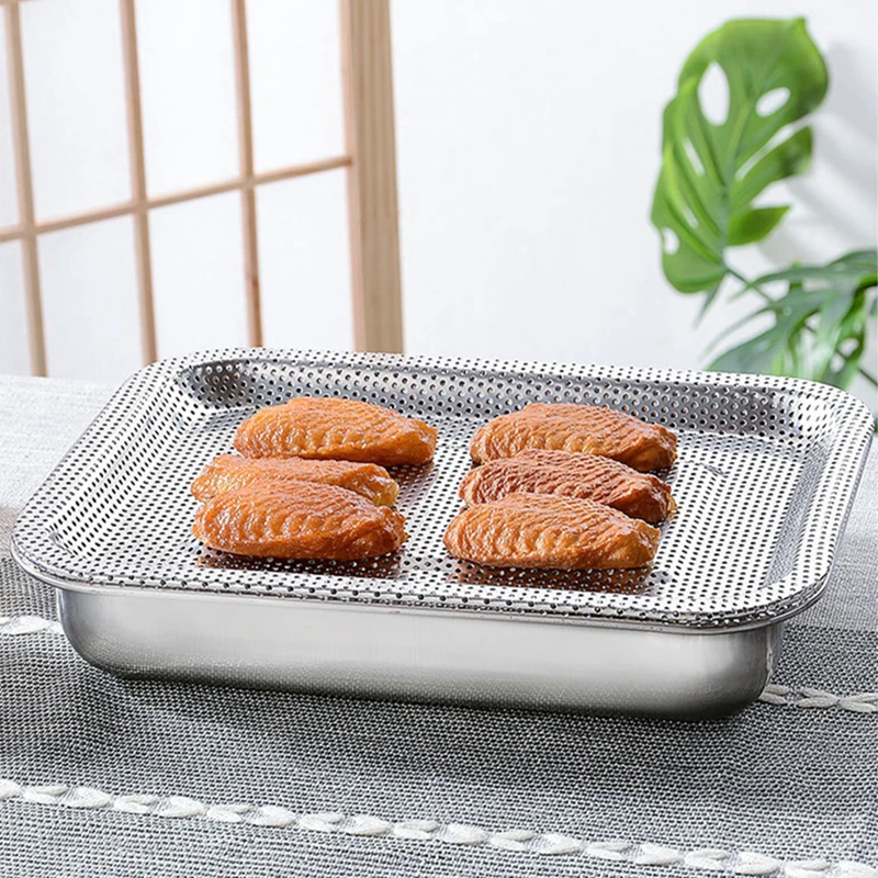 Stainless Steel Food Storage Tray Frying Oil Filter Dense Hole Drain Plates Strainer Dish Baking Trays Kitchen Accessories