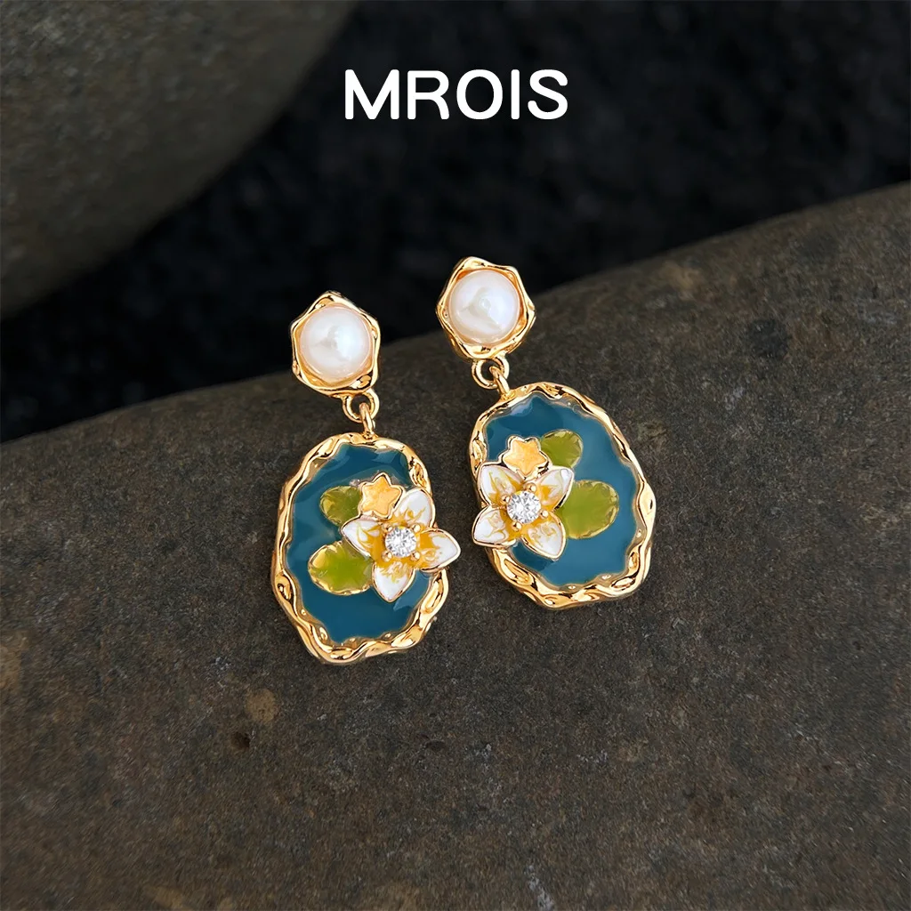 Monet Series~ Original 18K real gold plated enamel drop glaze freshwater pearl lotus earrings art oil painting earrings
