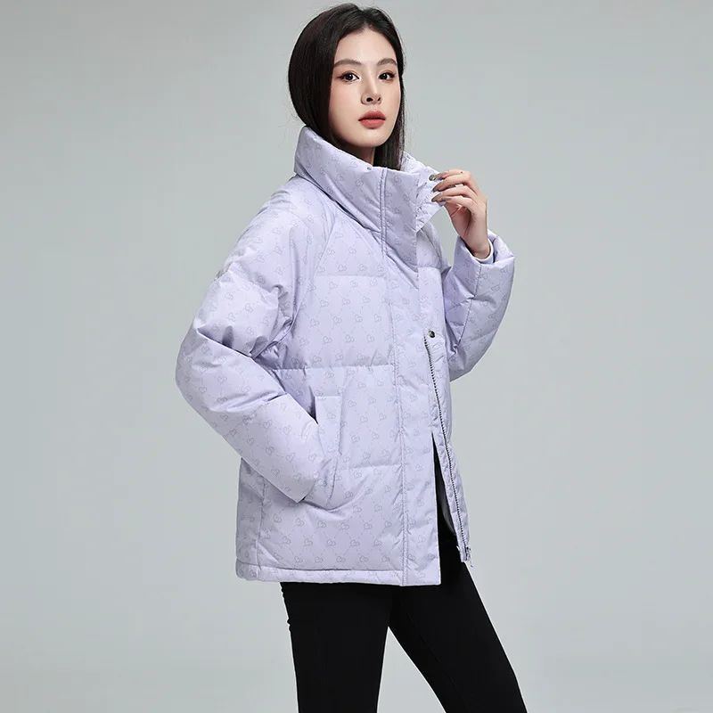 Women's Autumn Winter Top Coat Cotton Coat Printed Stand-up Collar Short Thickened Fleece Lining Simple Casual Design Fashion