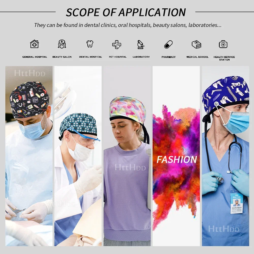 Wholesale Cotton Fashion Skull Cartoon Print Hats Scrubs Work Cap Beauty Salon Nursing Caps Male Surgical Hat Nurse Accessories